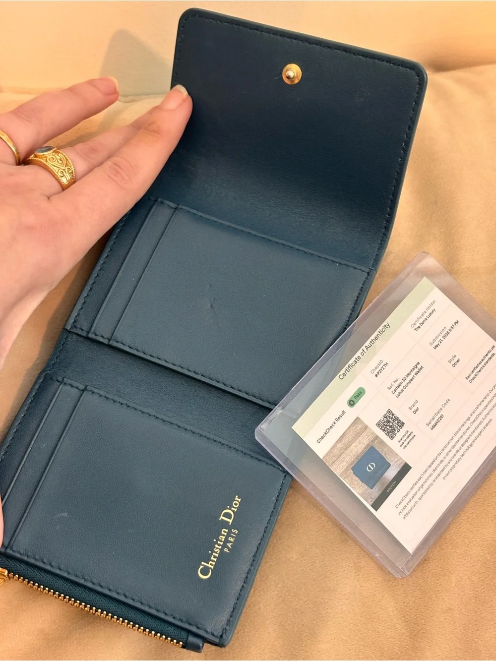 Christian Dior 30 Montaigne Lotus Teal Pebbled Leather Compact Wallet W/ COA
